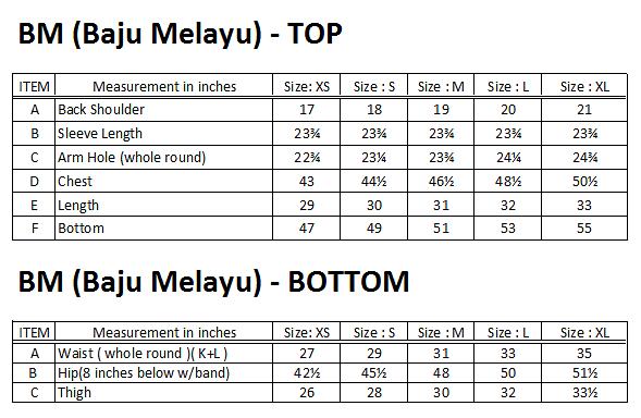 Size Chart Baju Melayu